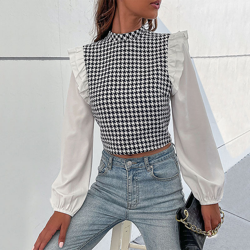 Damen Hahnentritt-Cropped-Top mit Rüschen‑Schultern und langen Chiffonärmeln Drune