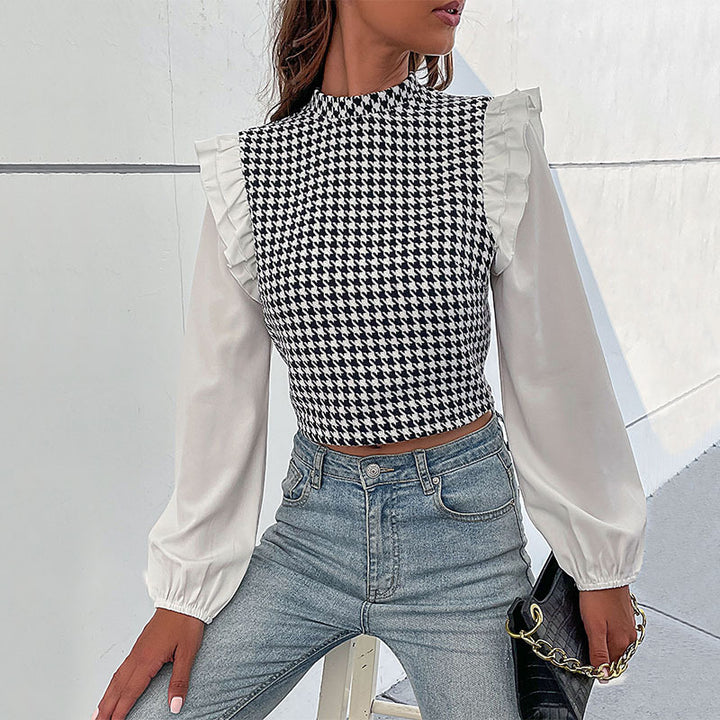 Damen Hahnentritt-Cropped-Top mit Rüschen‑Schultern und langen Chiffonärmeln Drune