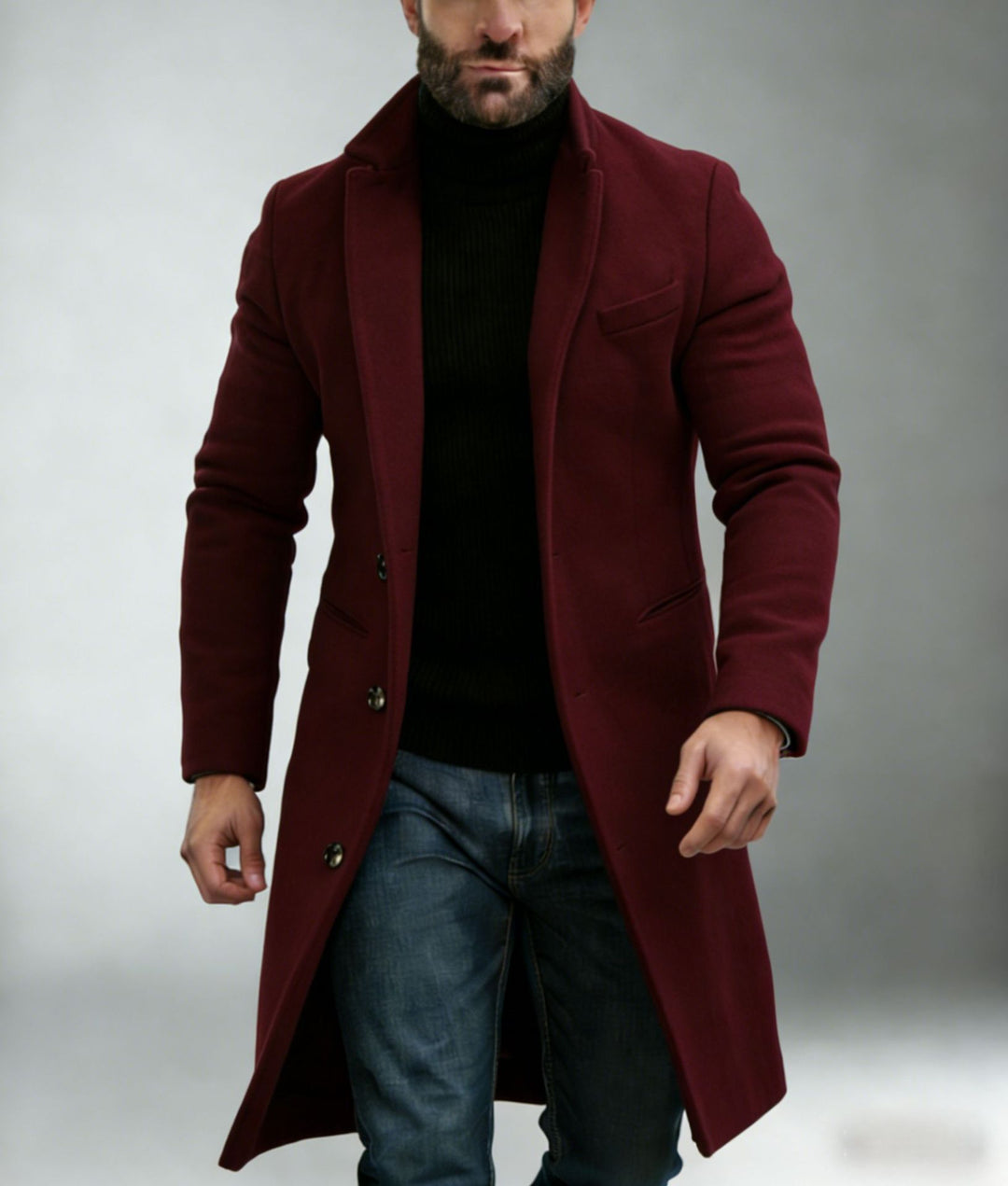 Herren Eleganter einreihiger Langmantel aus Wollmix mit schmaler Silhouette und Reverskragen Drune