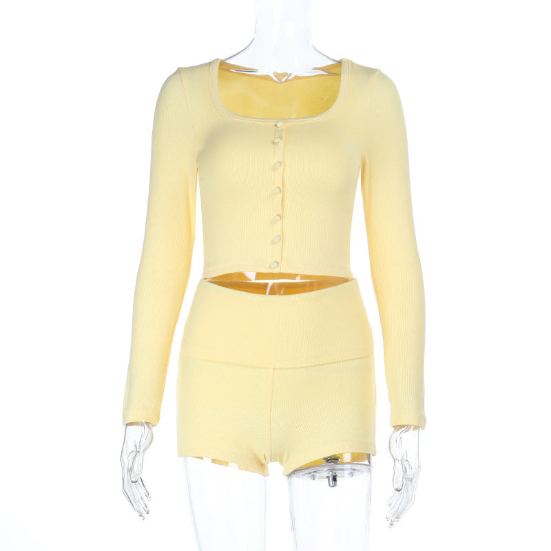 Damen Crop-Top und Shorts Set mit Knopfleiste und figurbetontem Design Drune