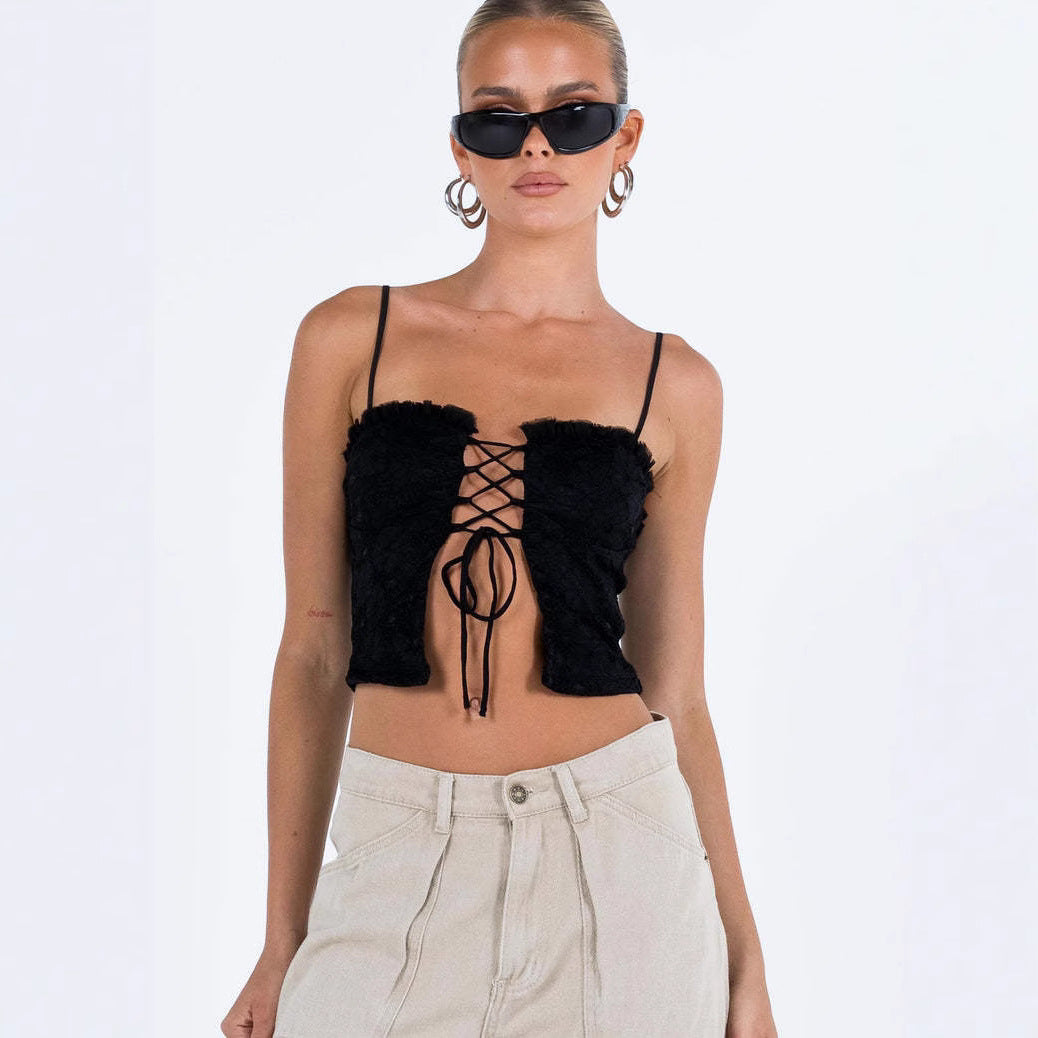 Damen Spitzen-Top mit Schnürung und Rüschendetail Drune