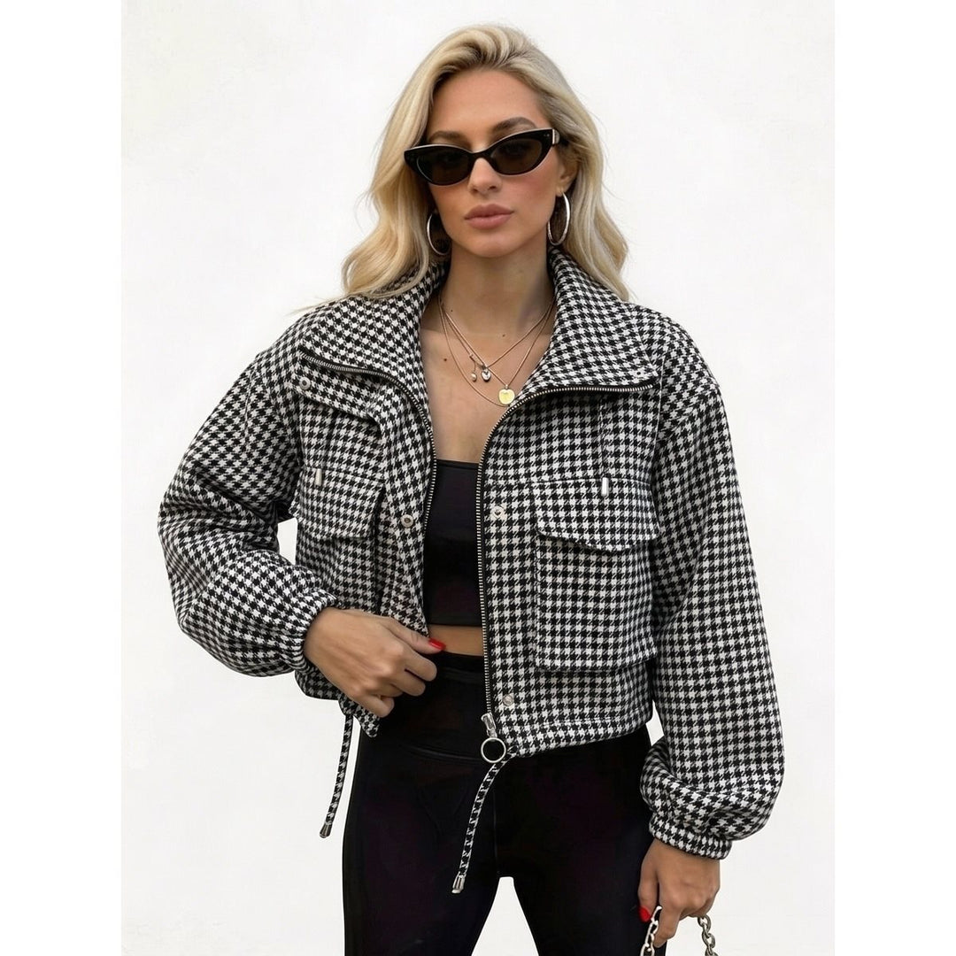 Damen Karo-Cropped-Jacke mit Stehkragen, Tunnelzug und elastischen Bündchen Drune