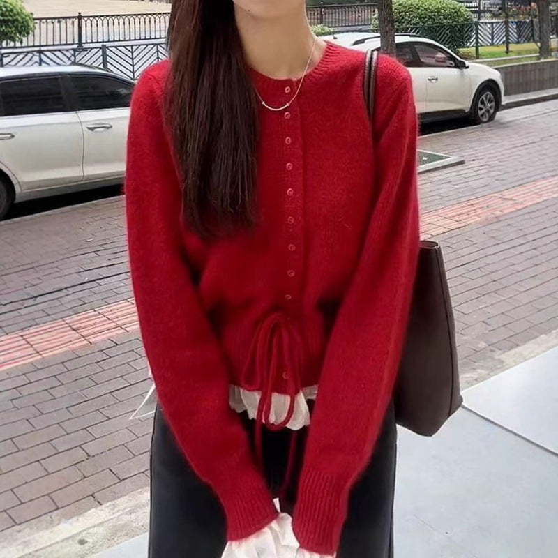 Damen Strickjacke mit Rüschen und Taillenbindung Drune