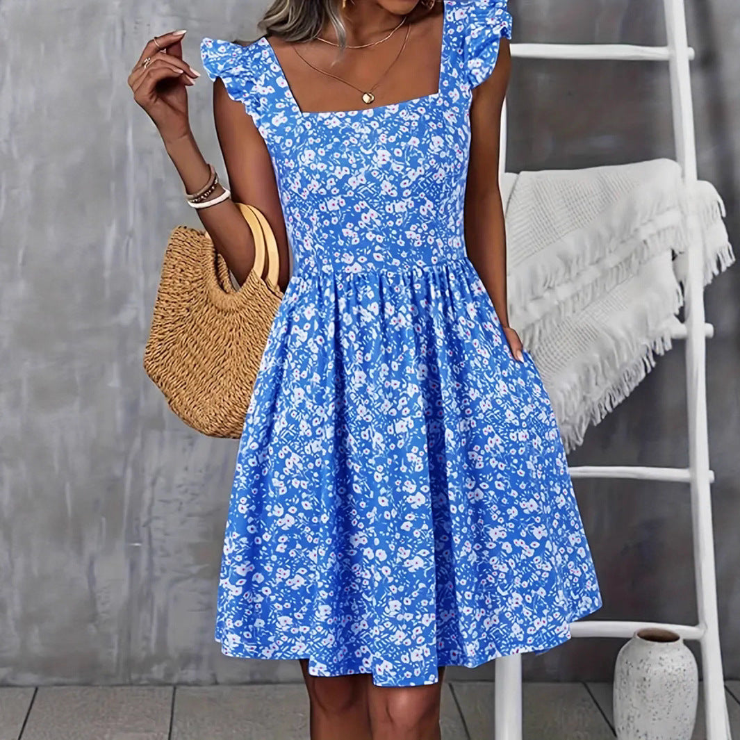 Damen Blumenkleid mit fließendem Rock und Rüschendetails Drune