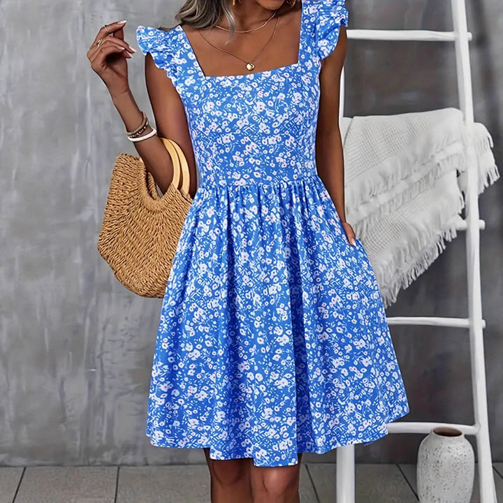 Damen Blumenkleid mit fließendem Rock und Rüschendetails Drune