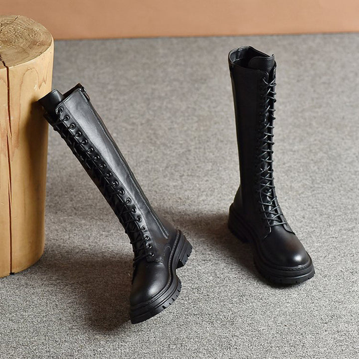 Damen Kniehohe Schnürstiefel mit seitlichem Reißverschluss und grober Profilsohle Drune