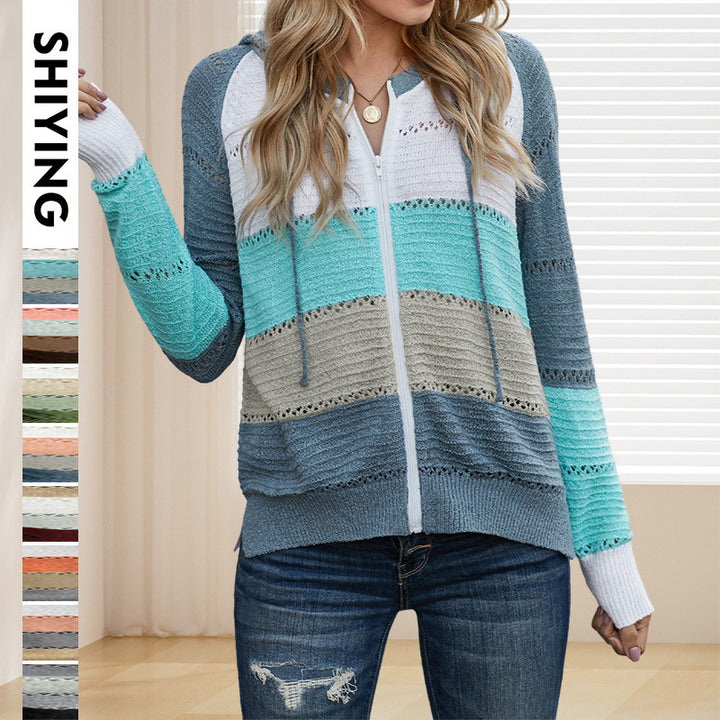 Damen lässige Strickjacke mit Kapuze und dekorativem Lochmuster Drune