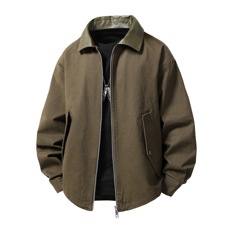 Herren leichte Oversize-Übergangsjacke mit Kontrastkragen aus Kunstleder und Zwei-Wege-Reißverschluss Drune