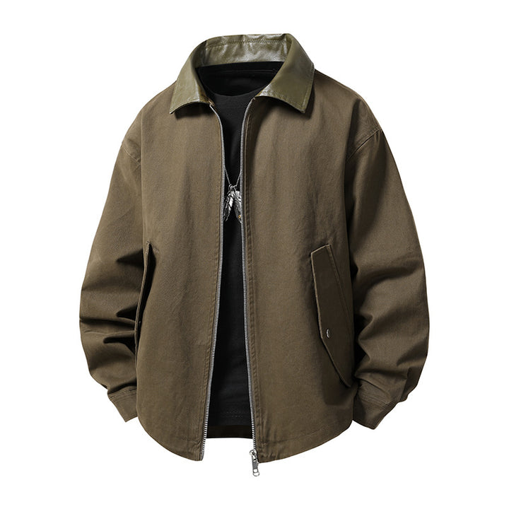 Herren leichte Oversize-Übergangsjacke mit Kontrastkragen aus Kunstleder und Zwei-Wege-Reißverschluss Drune