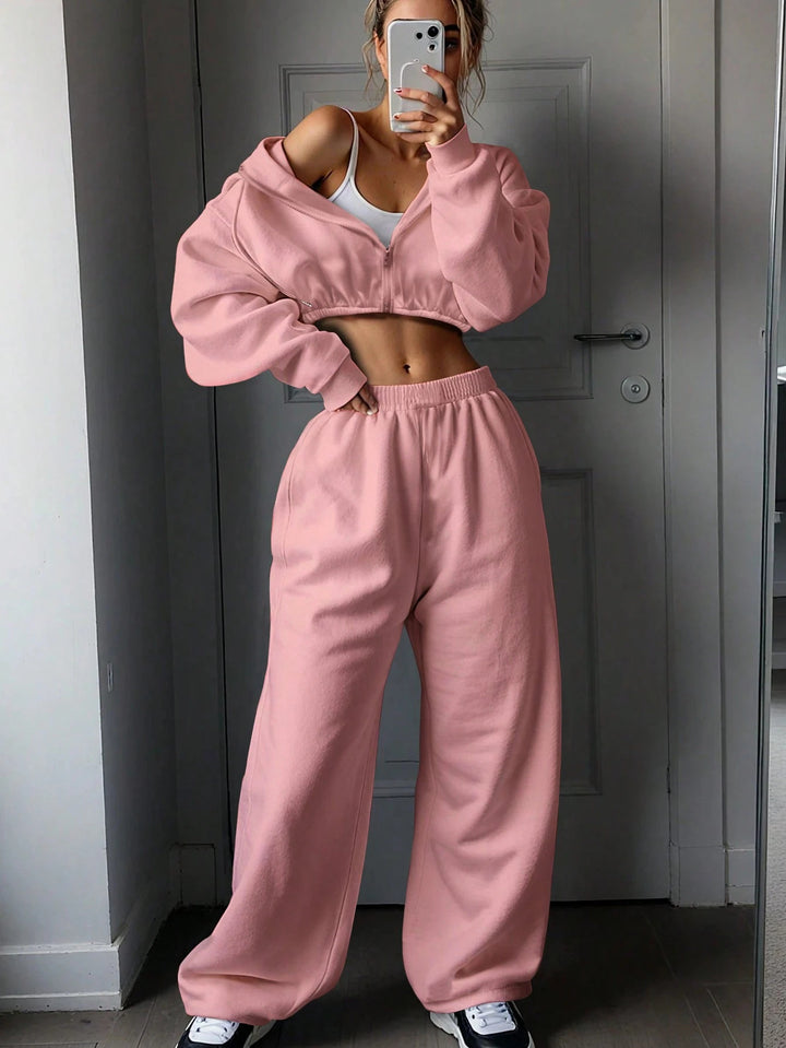 Damen athletisches Cropped-Zip-Hoodie und weite High-Waist Lounge-Jogginghose Drune