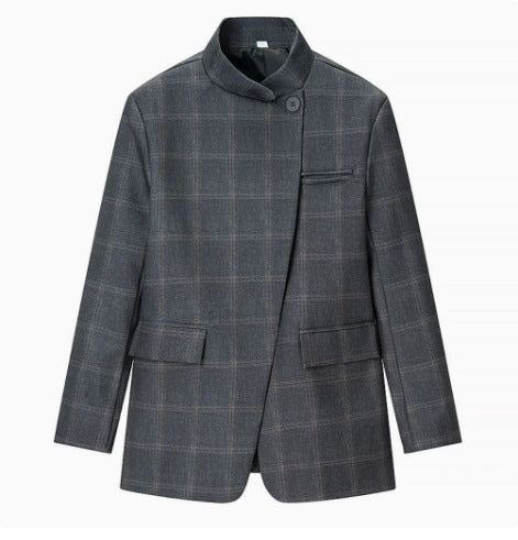Damen 60+ karierter Mantelblazer mit Mandarinkragen, asymmetrischer Überlappung und Pattentaschen Drune