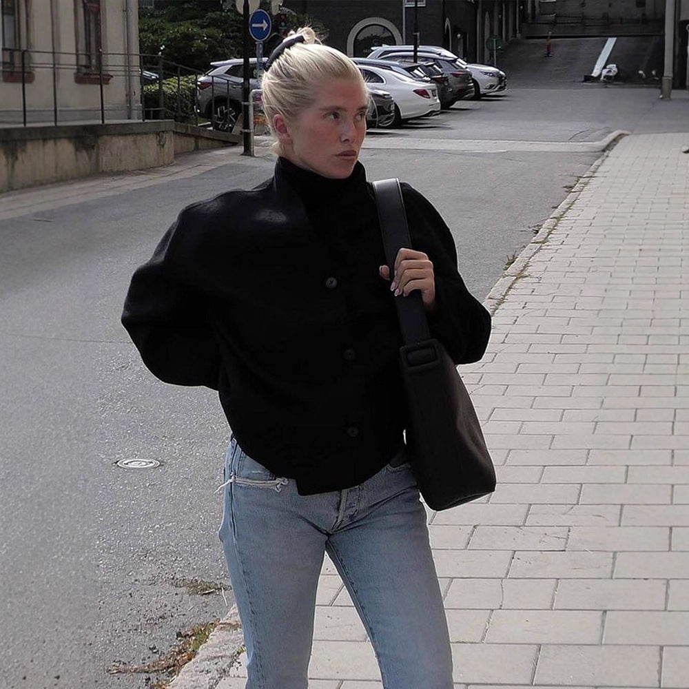 Damen Kurzmantel aus Wollmix mit kastiger Boxy-Silhouette und markanter Knopfleiste Drune