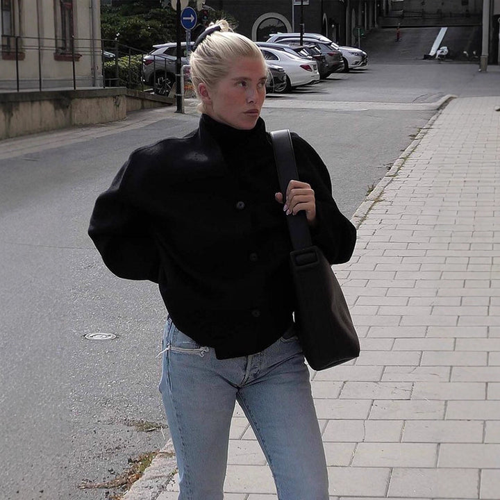 Damen Kurzmantel aus Wollmix mit kastiger Boxy-Silhouette und markanter Knopfleiste Drune