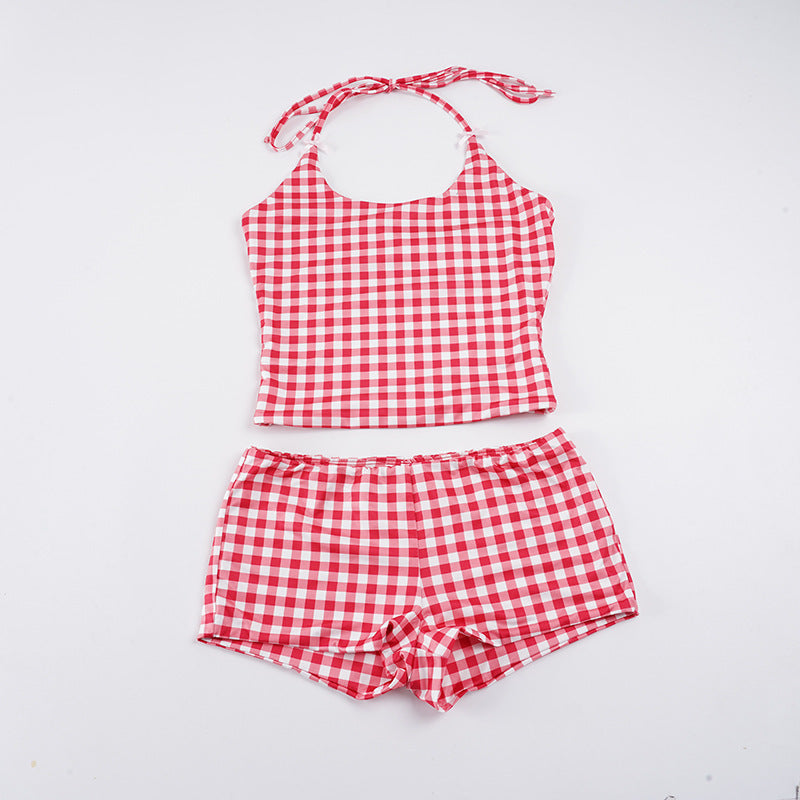 Damen Gingham Muster Badeanzug mit verstellbarem Halter Drune