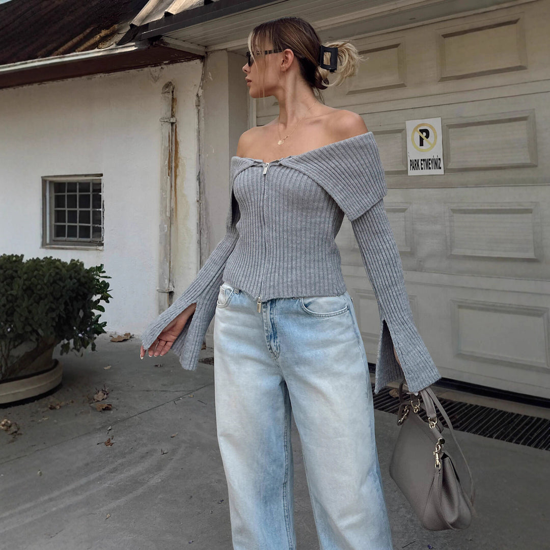 Damen modischer Off-Shoulder Pullover mit Reißverschluss Drune