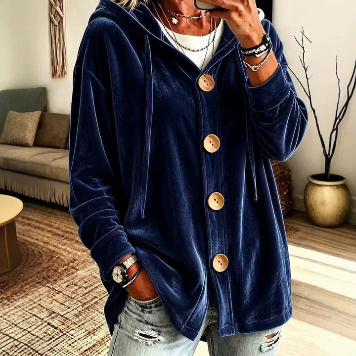 Damen Oversize Kapuzen-Samtjacke mit großen Holzknöpfen und weichem Veloursfutter Drune