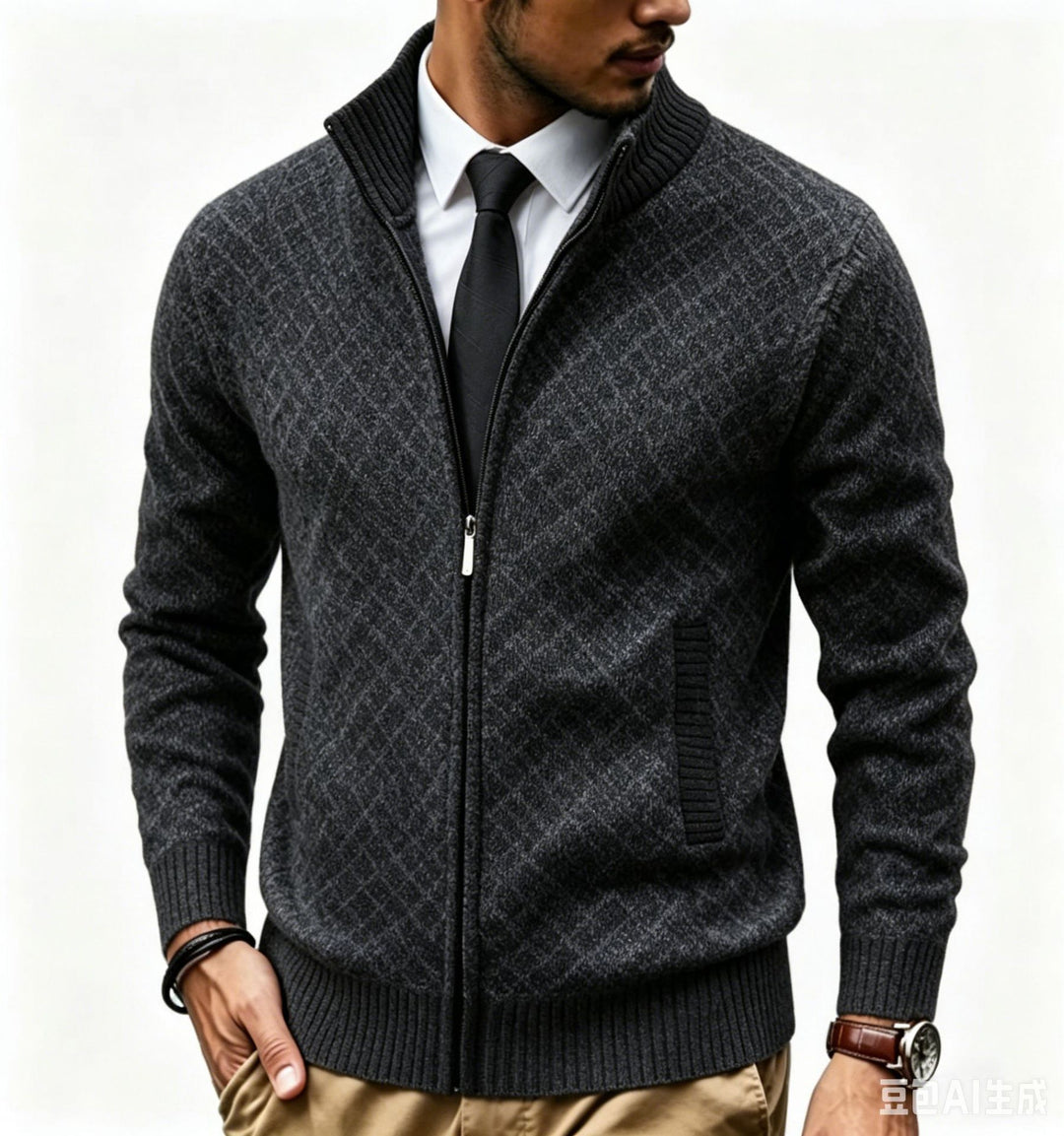 Herren Strukturierte Strickjacke mit Stehkragen und Diamant-Jacquard Drune