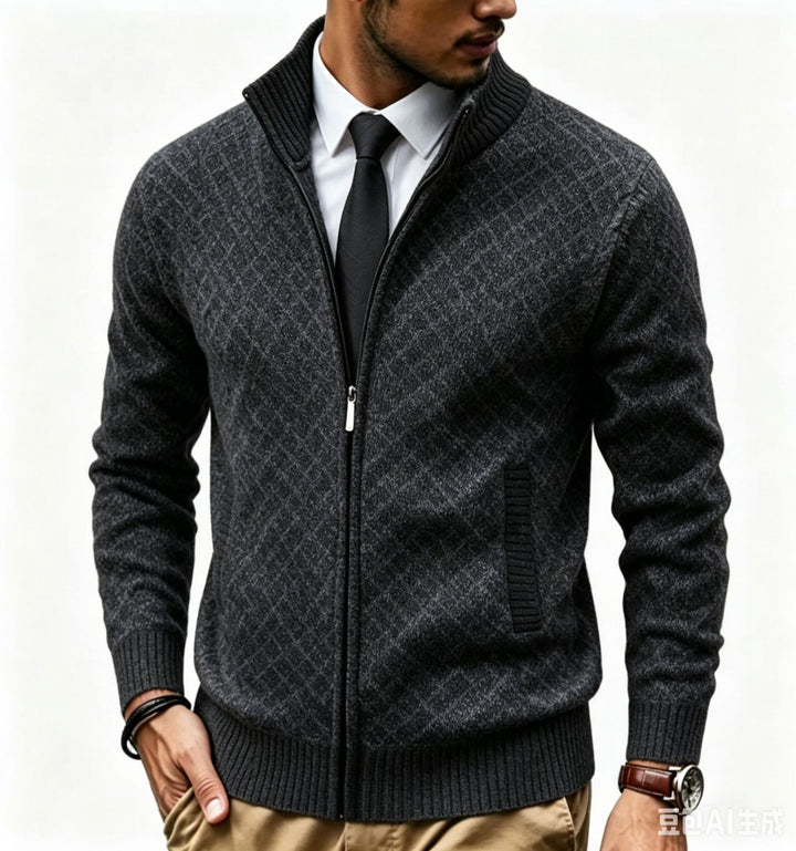 Herren Strukturierte Strickjacke mit Stehkragen und Diamant-Jacquard Drune