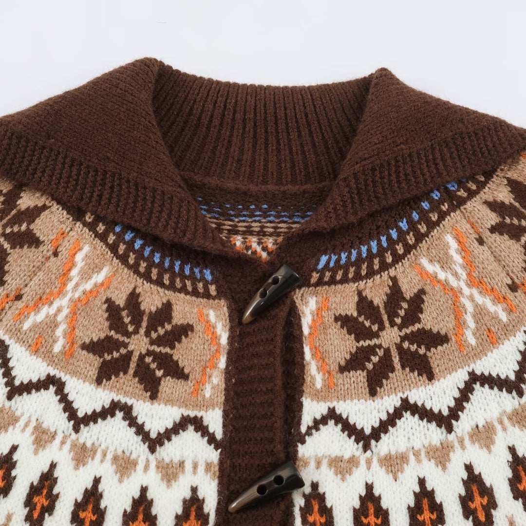 Damen Grobgestrickter Norweger-Cardigan mit Schalkragen und Hornknopfleiste Drune