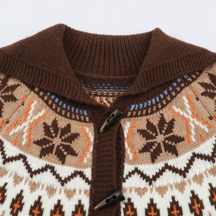 Damen Grobgestrickter Norweger-Cardigan mit Schalkragen und Hornknopfleiste Drune