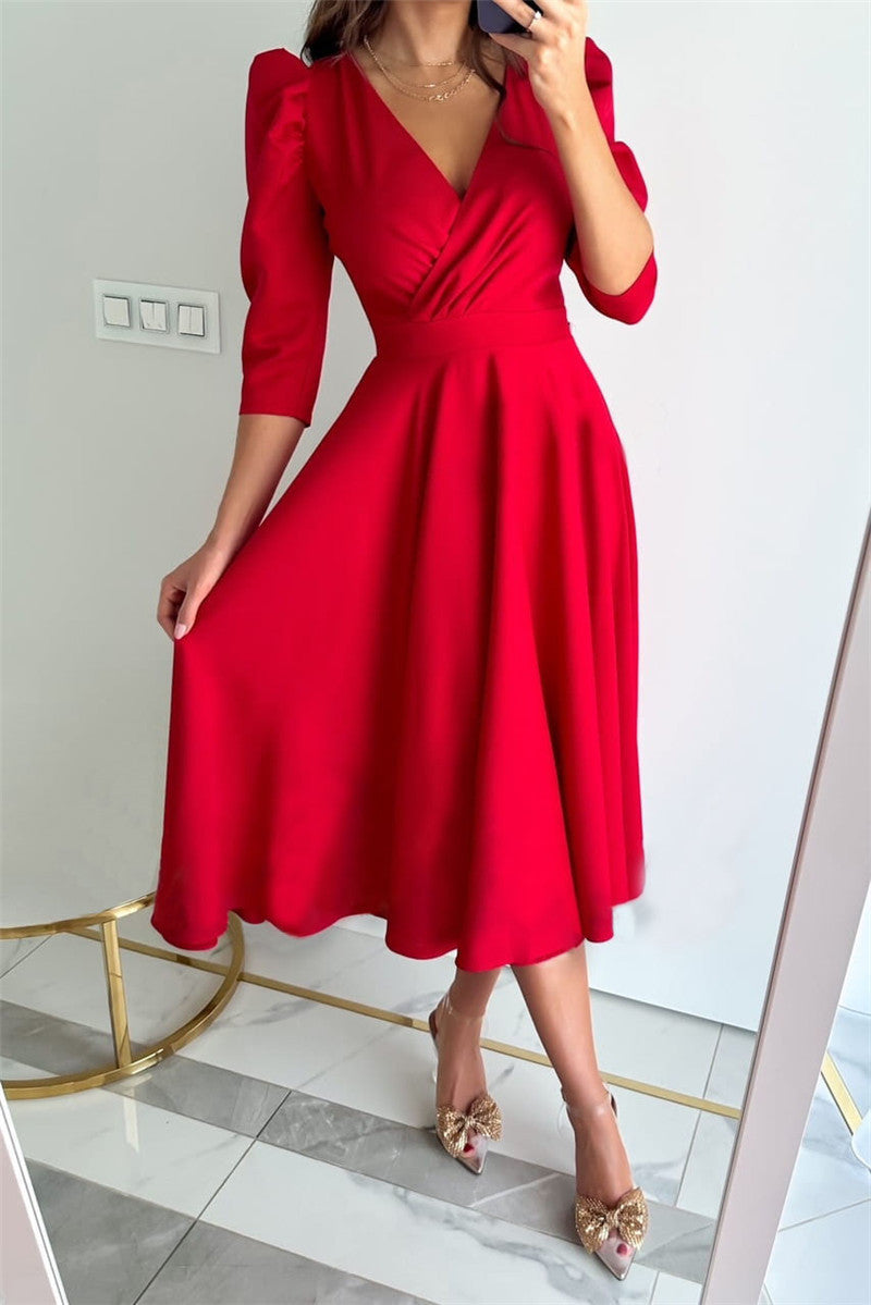 Damen Festliches A-Linien Kleid mit Puffärmeln und V-Ausschnitt Drune