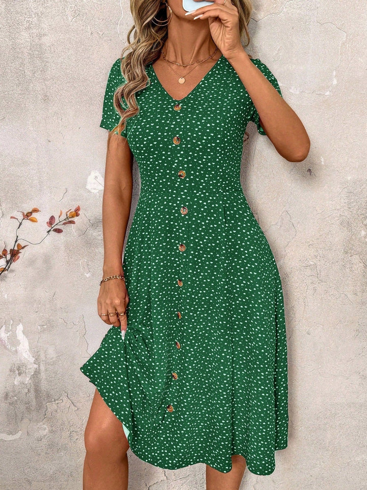 Damen Knielanges Kleid mit dekorativen Knöpfen und V-Ausschnitt Drune