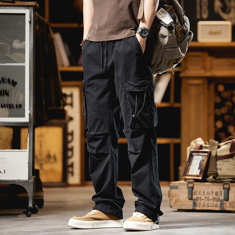 Herren Lockere Baumwoll‑Cargo‑Hose mit Tunnelzugbund, Knieabnähern und Multifunktionsklappen Drune