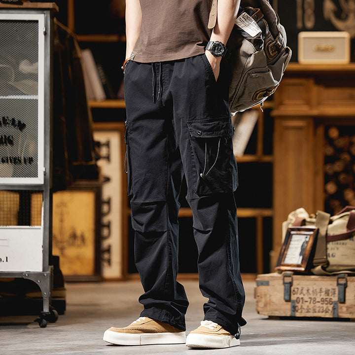 Herren Lockere Baumwoll‑Cargo‑Hose mit Tunnelzugbund, Knieabnähern und Multifunktionsklappen Drune