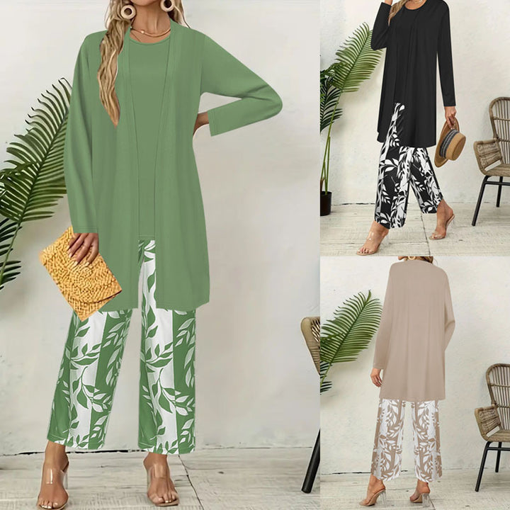 Damen Lang geschnittener offener Feinstrick-Cardigan mit geradem Saum und Palazzo-Hose im Blattprint Set Drune