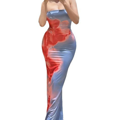 Damen elegantes Langkleid mit zartem Farbverlauf und Spaghettiträgern Drune