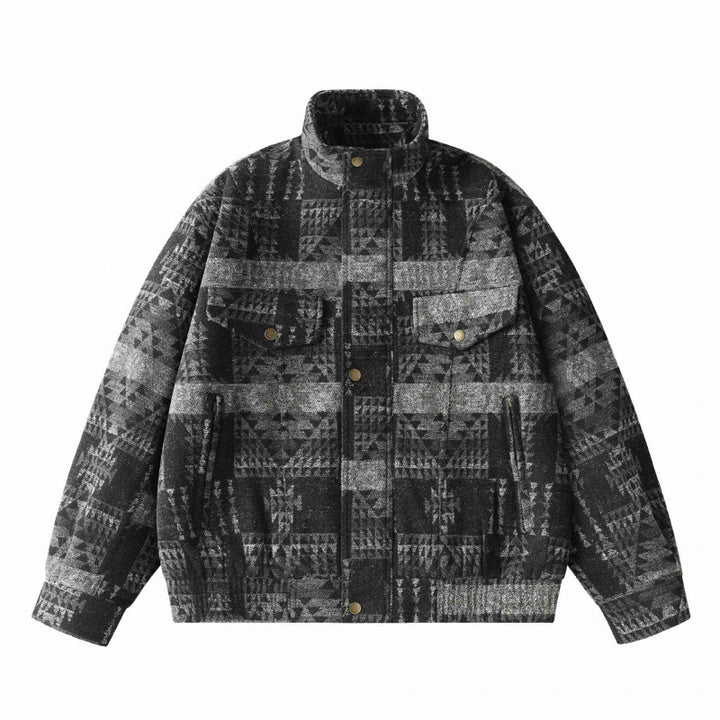 Unisex Kastenförmige Jacquard-Wolljacke im Bomberstil mit Stehkragen, Pattentaschen und elastischem Saum Drune