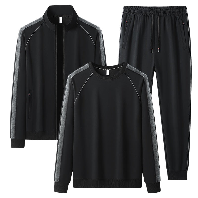 Herren Dreiteiliges Freizeit-Trainingsanzug-Set aus weichem French-Terry mit Reißverschlussjacke, Rundhals-Sweatshirt & Kordel-Jogginghose Drune