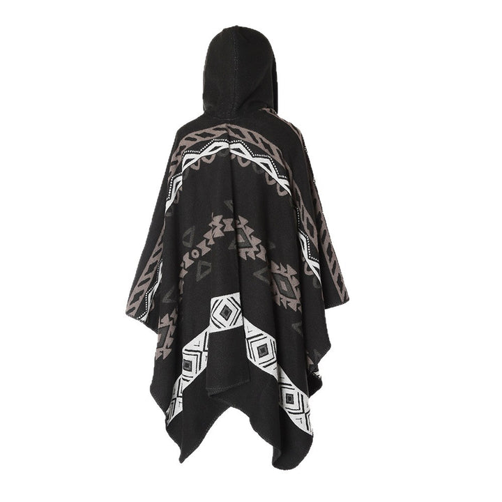 Damen Kapuzenponcho im Jacquardmuster aus Wollmix mit dekorativer Kettelnaht Drune
