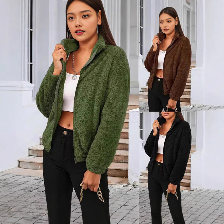 Damen kuschelige Teddyjacke mit hohem Kragen und aufgestelltem Reißverschluss Drune