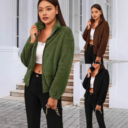Damen kuschelige Teddyjacke mit hohem Kragen und aufgestelltem Reißverschluss Drune
