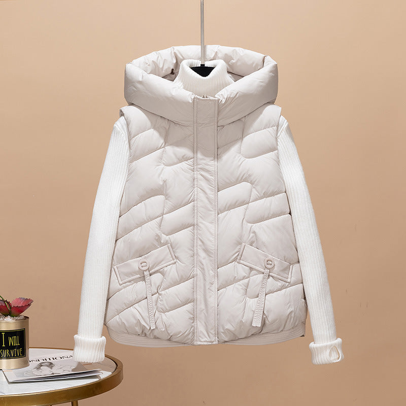 Damen Modische Steppweste mit Kapuze und eleganten Strickärmel Drune