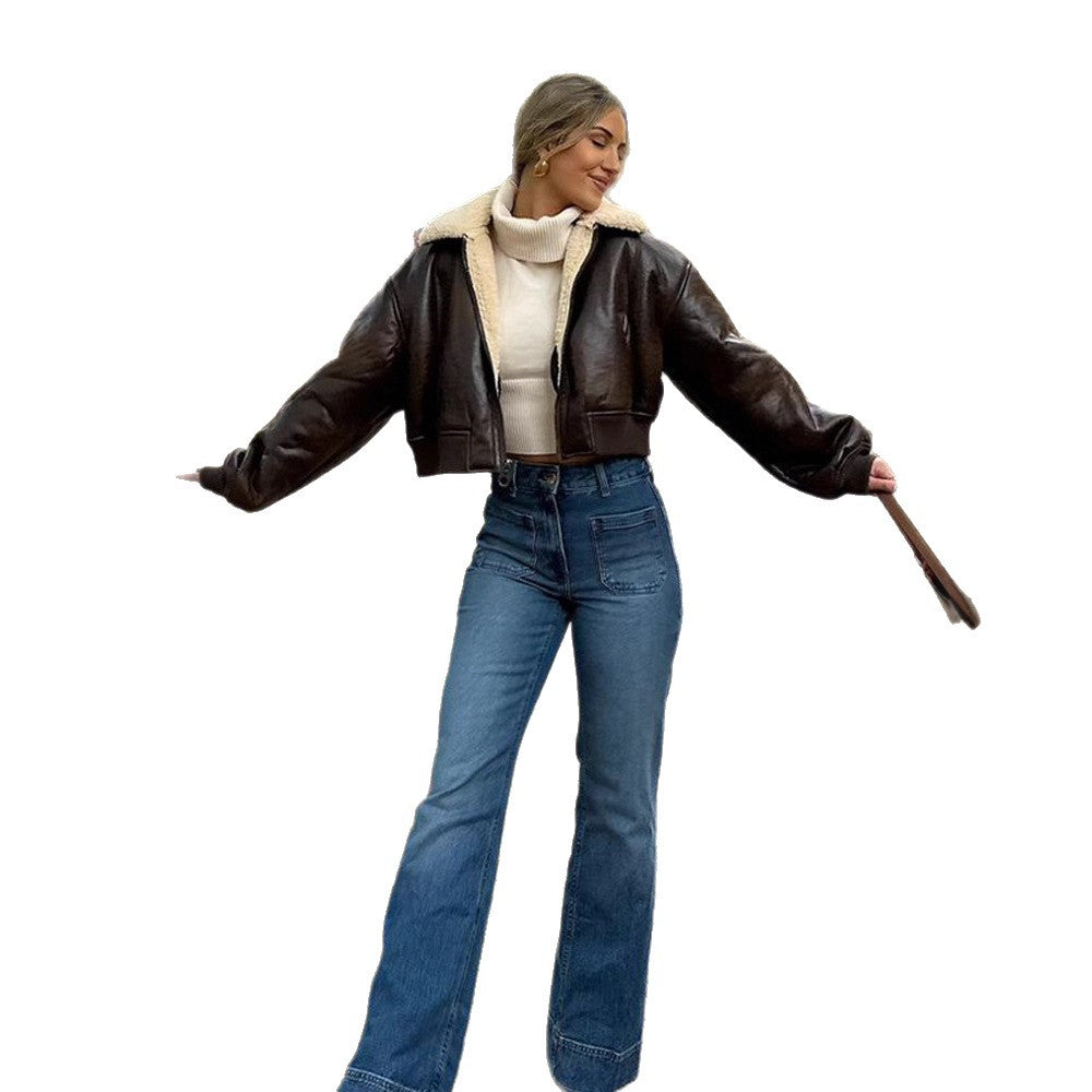 Damen Kurz geschnittene Fliegerjacke mit Teddy-Futter und Oversized-Ärmeln Drune