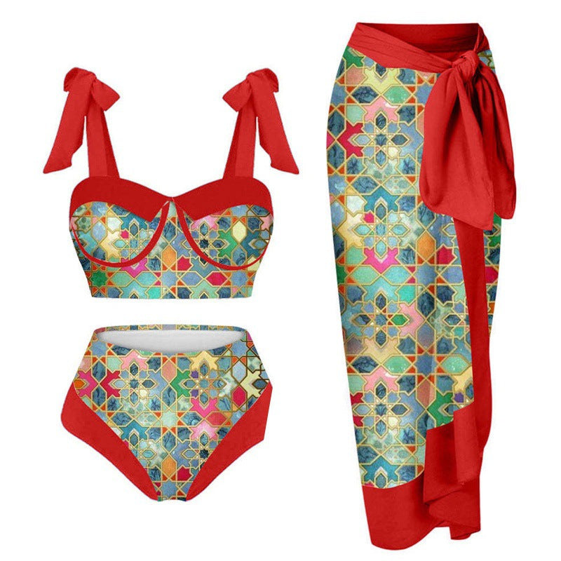 Damen Einteiler Badeanzug mit elegantem Wickelrock und modischen Riemen Drune