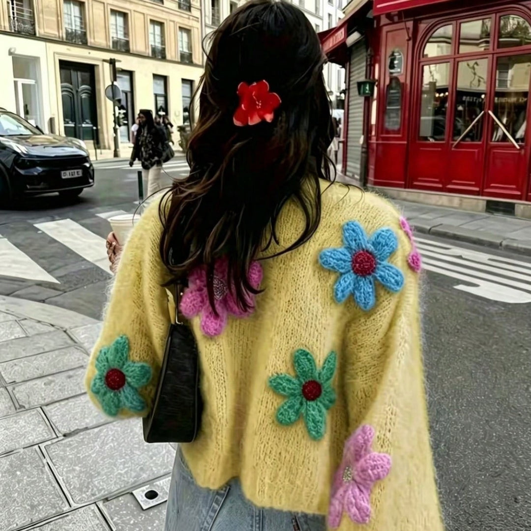 Damen Oversize Strickcardigan mit 3D‑Blütenapplikationen Drune