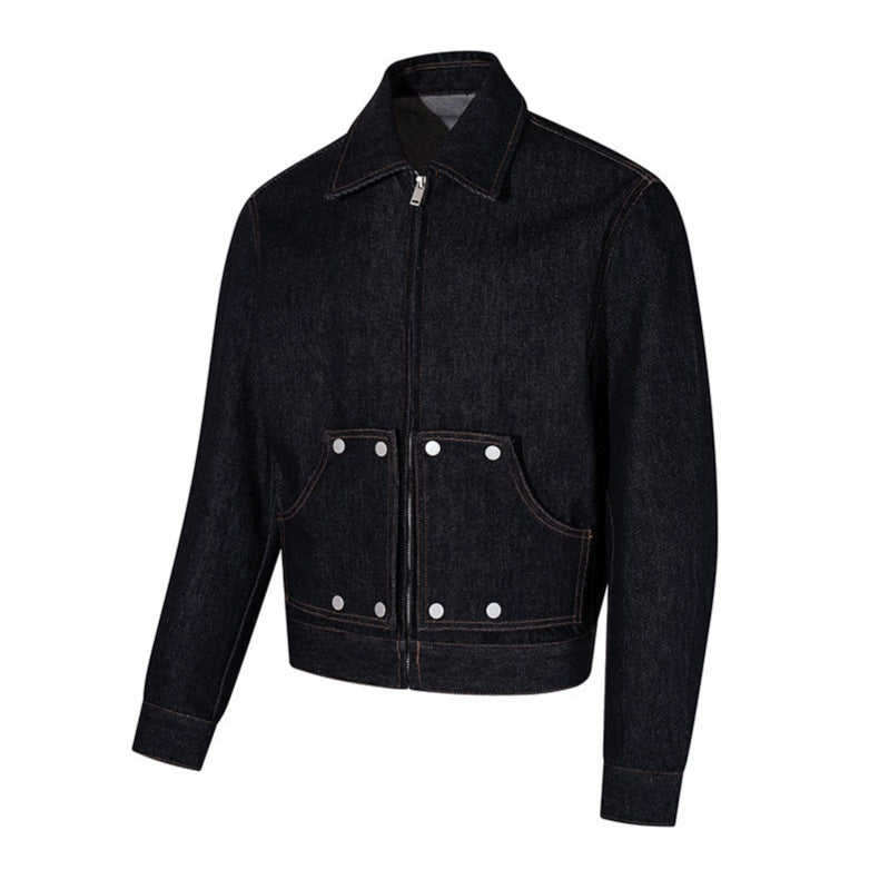Damen Kurz geschnittene Denim-Workerjacke mit Reißverschluss, Kontrastnähten und Zierösen Drune