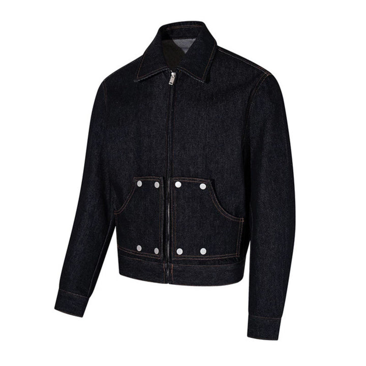 Damen Kurz geschnittene Denim-Workerjacke mit Reißverschluss, Kontrastnähten und Zierösen Drune
