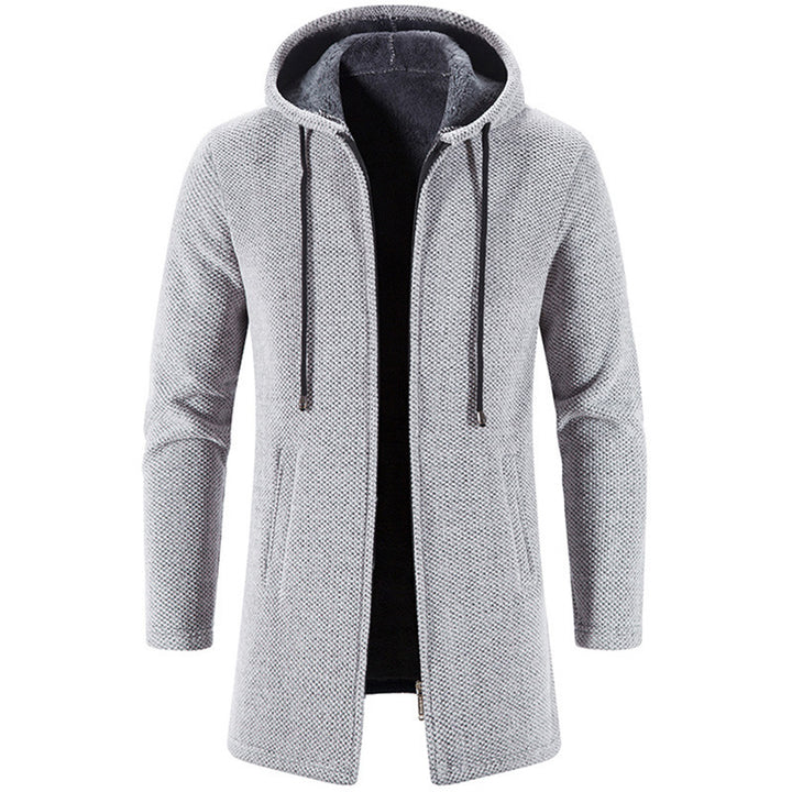 Herren nan langer Kapuzenstrickmantel mit Teddyfutter, durchgehendem Reißverschluss und seitlichen Eingrifftaschen Drune