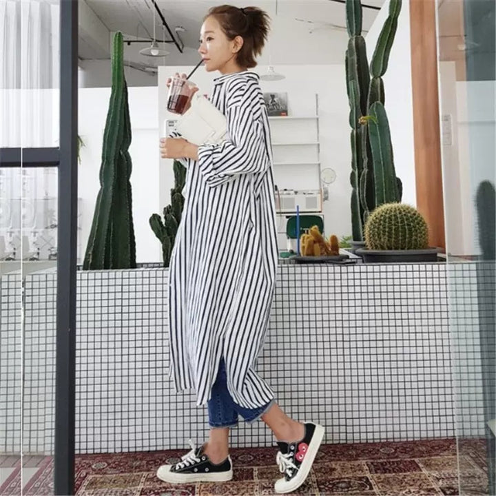 Damen Langes Gestreiftes Hemdmidaxi mit Stehkragen, Oversize‑Schnitt und tiefen Seitenschlitzen Drune