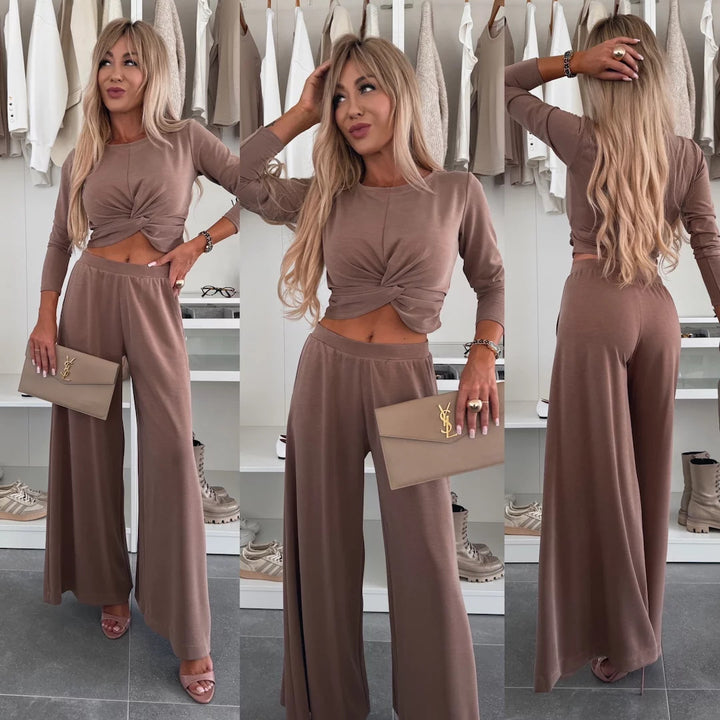 Damen figurnahes Twist-Cropped-Shirt mit weitem High-Waist Palazzo-Hose aus fließendem Jersey Drune