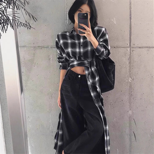 Damen Langes Karo-Hemd im Oversize‑Cut mit Taillen-Knotendetail und Seitenschlitzen Drune