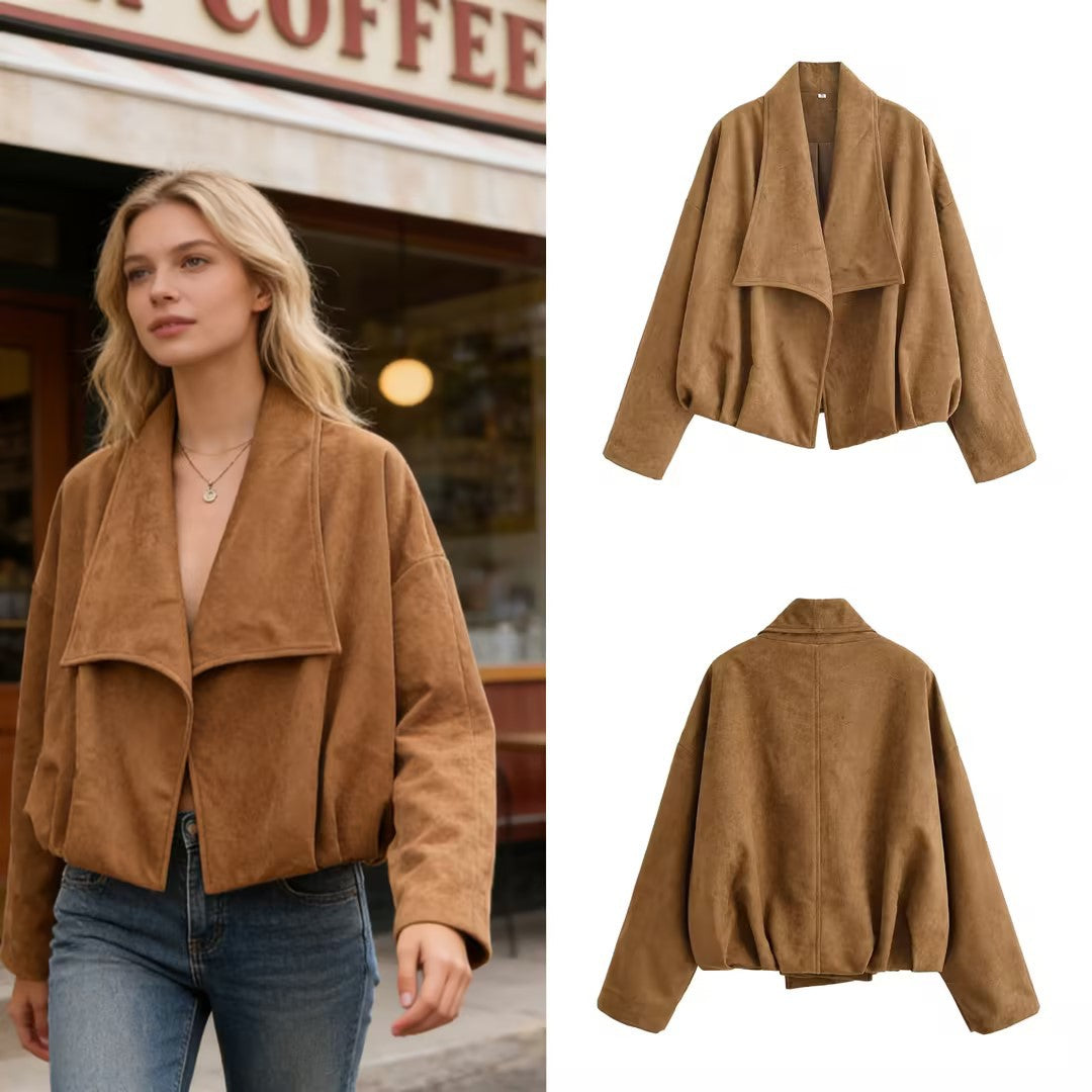 Damen Kurzjacke im Waterfall‑Look mit weichem Veloursfinish und weitem Schalkragen Drune