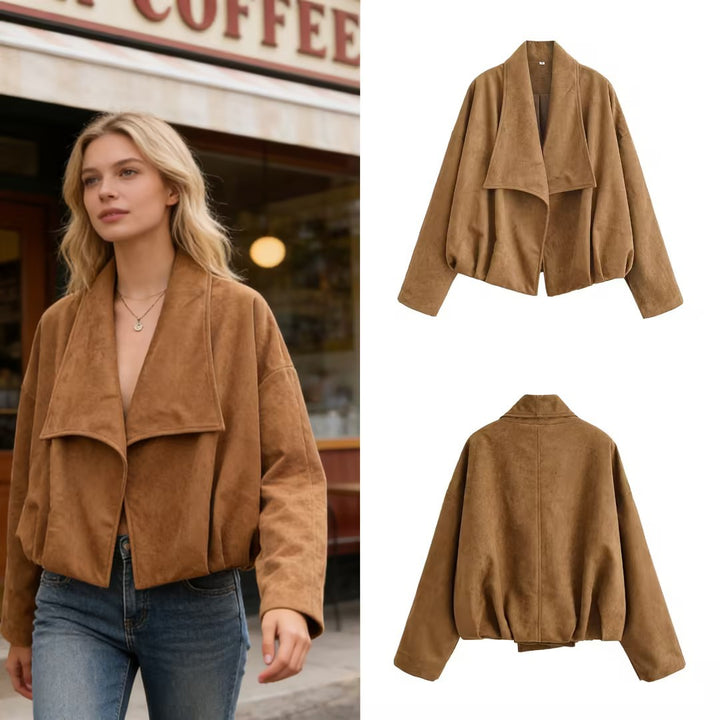 Damen Kurzjacke im Waterfall‑Look mit weichem Veloursfinish und weitem Schalkragen Drune