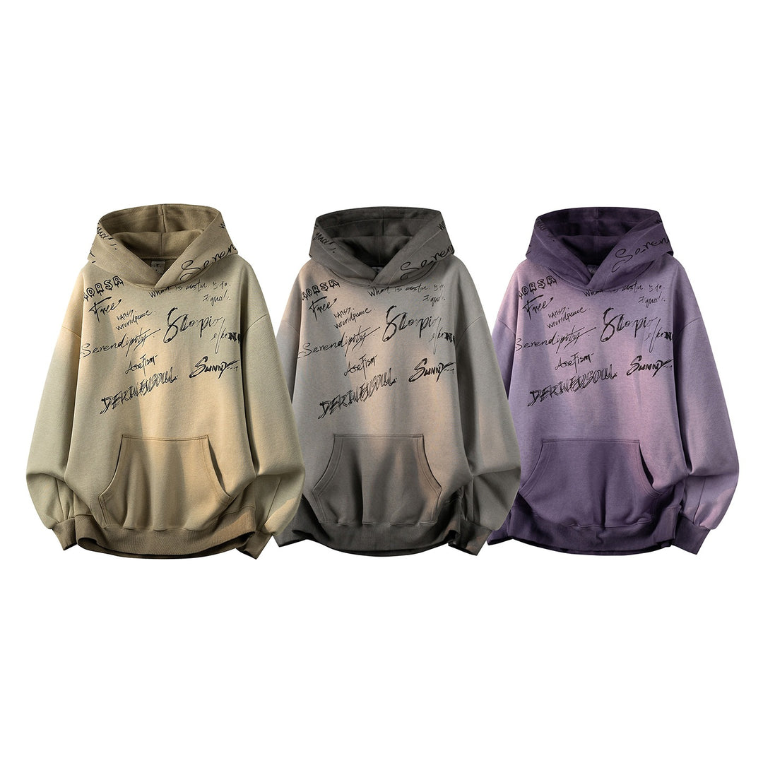 Unisex Oversize Kapuzenpullover mit handschriftlichem Grafik-Print, Kängurutasche & geripptem Saum Drune