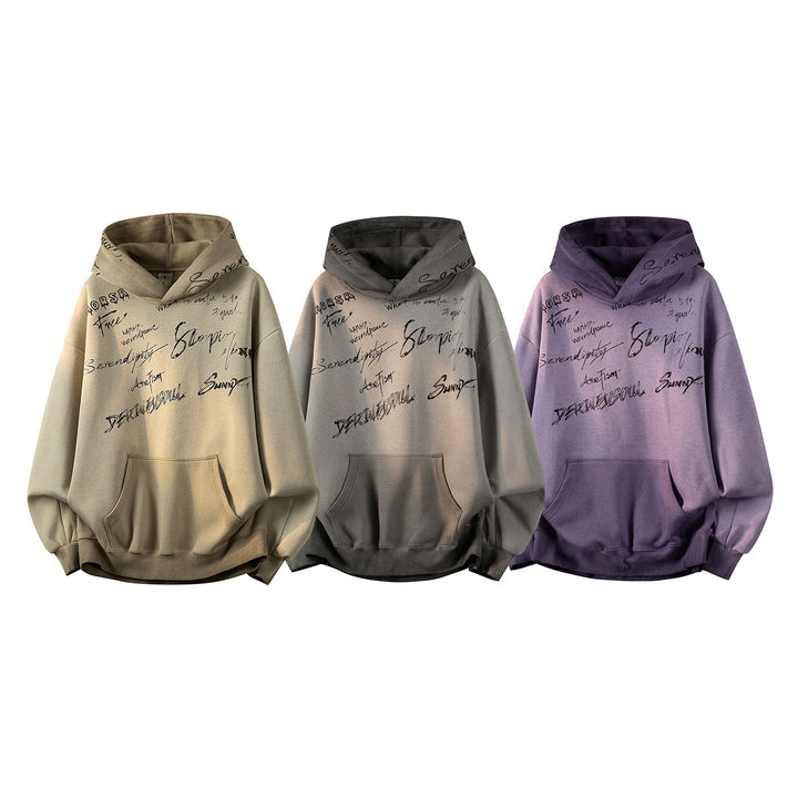 Unisex Oversize Kapuzenpullover mit handschriftlichem Grafik-Print, Kängurutasche & geripptem Saum Drune