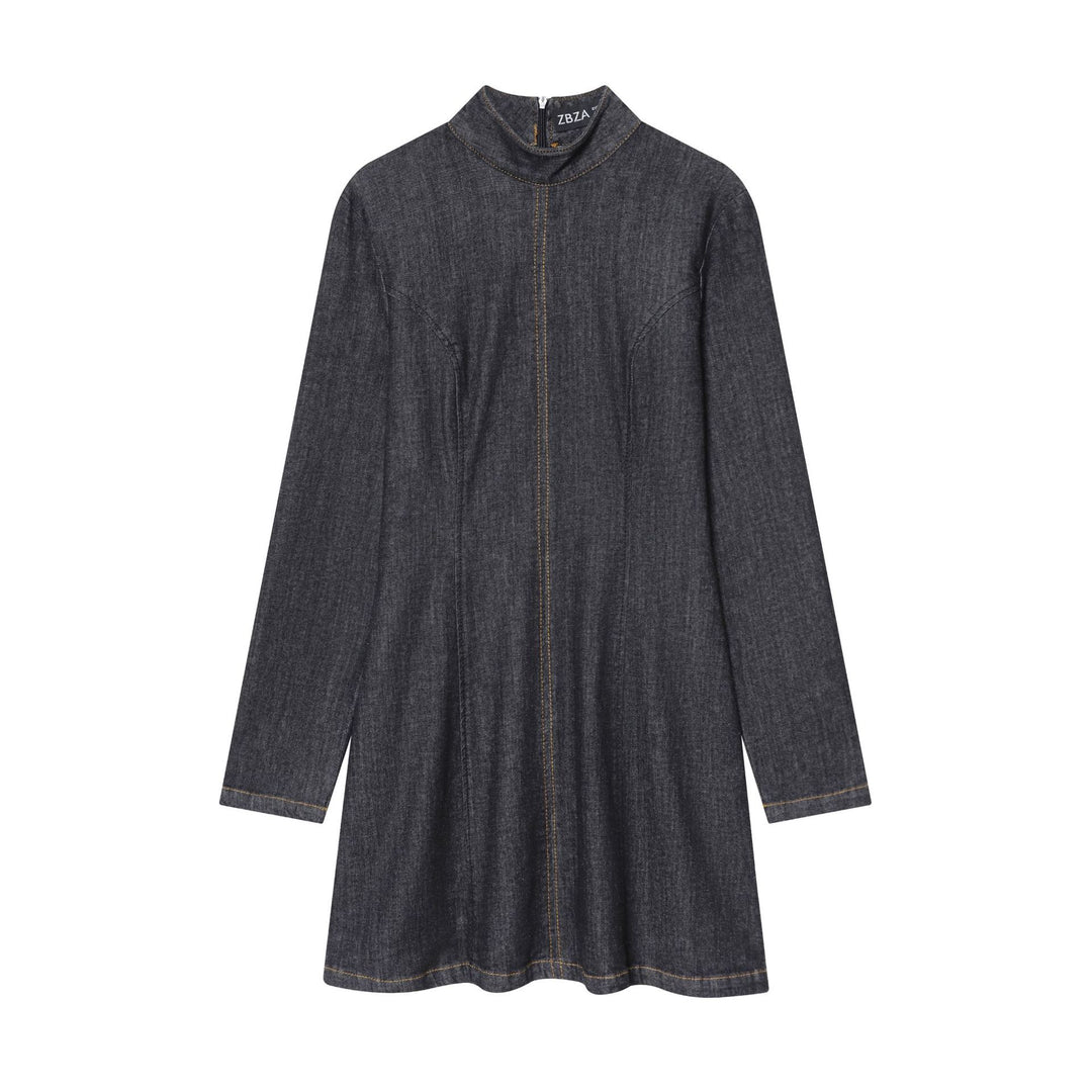 Damen nan tailliertes Denim-Midikleid mit Stehkragen, sichtbarer Mittelnaht und figurformenden Teilungsnähten Drune